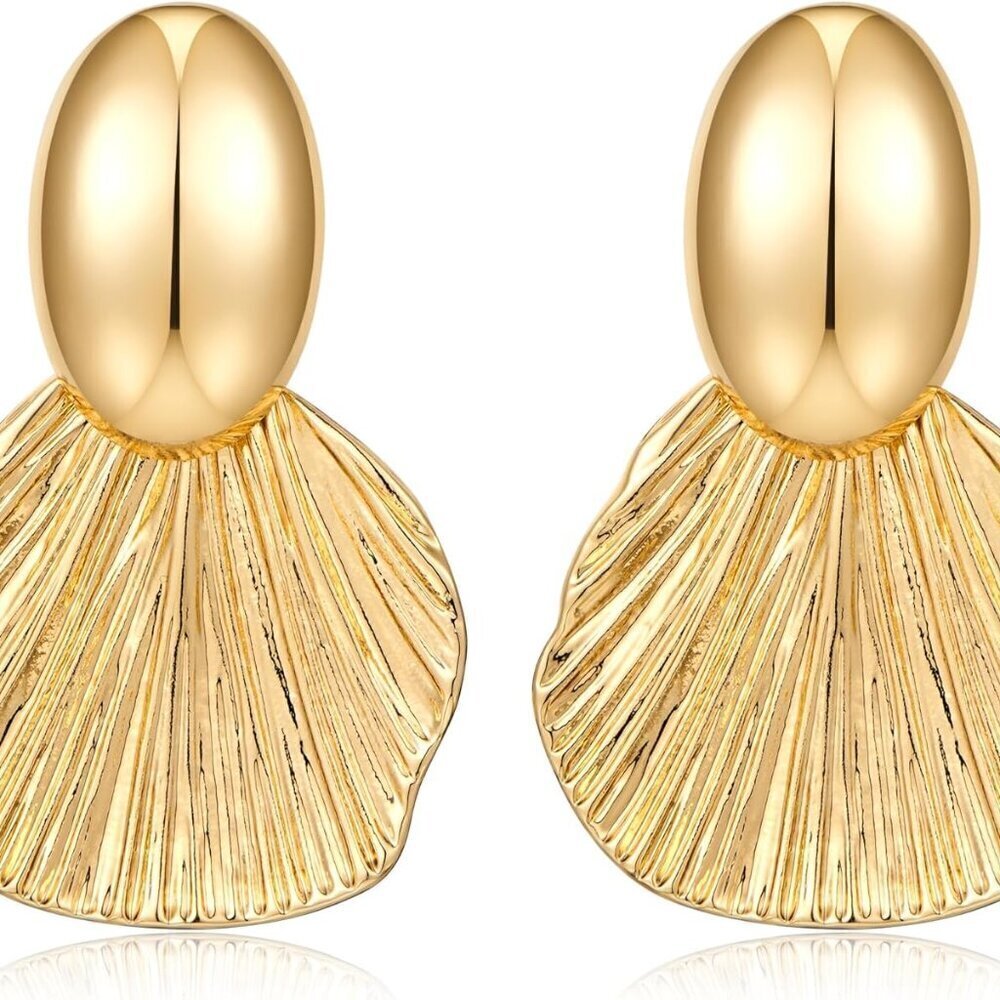 Gold Brass Dangle Fan-Shaped Earrings Women Statement Jewelry Gifts